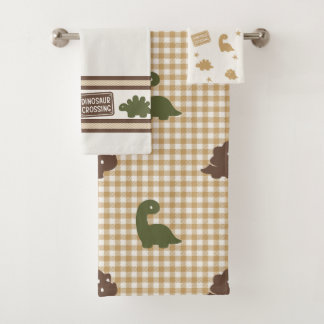 Conjunto De Toalhas Preppy Boys Dinosaur Gingham - Brown Green & Khaki