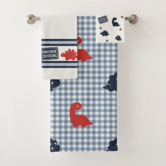 Conjunto De Toalhas Preppy Boys Dinosaur Gingham - Navy Red & Blue