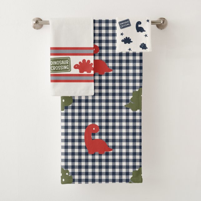 Conjunto De Toalhas Preppy Boys Dinosaur Gingham -  Red & Navy (Insitu)