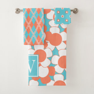 Conjunto De Toalhas Preppy Daisy Bloom – Monograma Coral & Turquesa