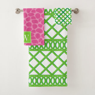Conjunto De Toalhas Preppy Maximilist Lattice Verde Lima Rosa Monogram