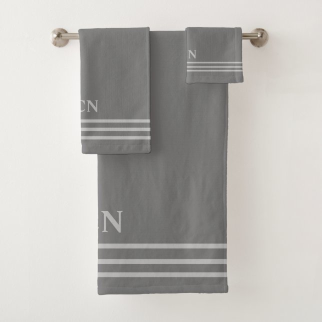 Conjunto De Toalhas Presente com borda listrada cinza claro e monogram (Insitu)