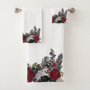 Conjunto De Toalhas Preto Borgonha Góthica Flor Rosa Banho Halloween