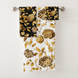 Conjunto De Toalhas Preto Branco e Dourado Decoração Floral Dahlias