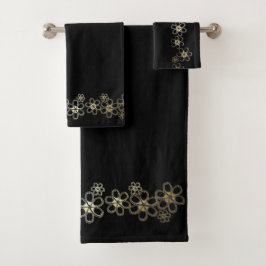 Conjunto De Toalhas Preto com Flores Douradas