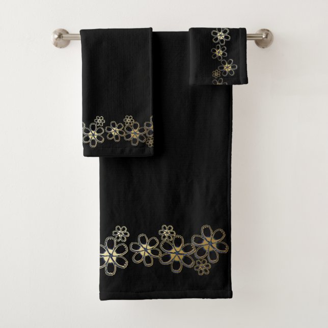 Conjunto De Toalhas Preto com Flores Douradas (Insitu)
