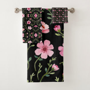 Conjunto De Toalhas Preto com Três Peças Florais Cor-De-Rosa