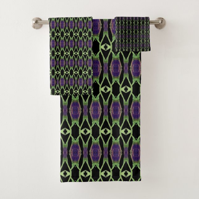 Conjunto De Toalhas Preto Com Verde E Roxo (Insitu)