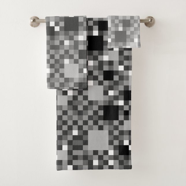 Conjunto De Toalhas Preto digital e Cinzas pequenos quadrados ixelados (Insitu)