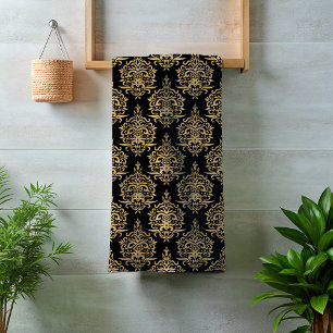 Conjunto De Toalhas Preto Dramático com Dourado Ornado de Damasco