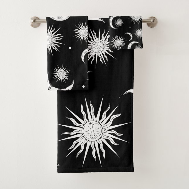 Conjunto De Toalhas Preto e Branco Caprichoso Sol Lua e Estrelas (Insitu)