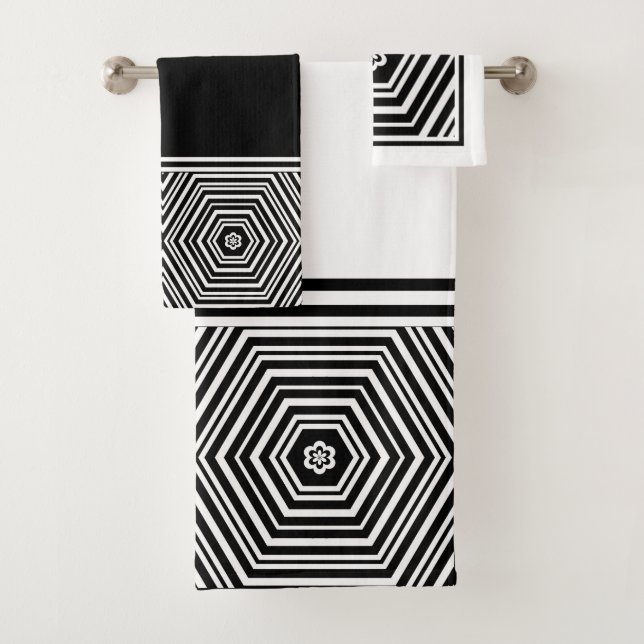 Conjunto De Toalhas Preto e Branco Geométrico Hexágono (Insitu)