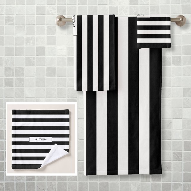 Conjunto De Toalhas Preto e Branco Personalizados Modernos, Striped (Modern Personalized Black and White Striped Bath Towel Set)