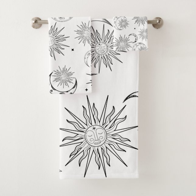 Conjunto De Toalhas Preto e Branco Sol Lua e Estrelas Caprichosas (Insitu)
