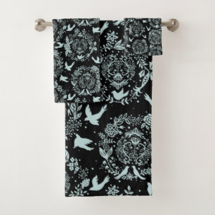 Conjunto De Toalhas Preto e Verde Menta Floral e Pássaros