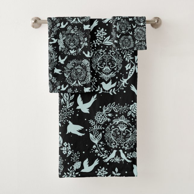 Conjunto De Toalhas Preto e Verde Menta Floral e Pássaros (Insitu)