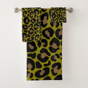 Conjunto De Toalhas preto e verde oliva estampa animal leopardo