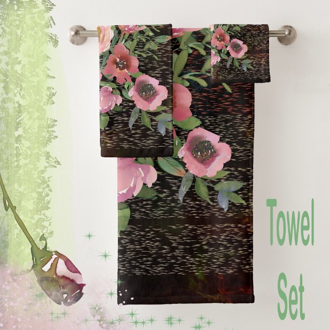 Conjunto De Toalhas Preto floral rosa (Pink floral black watercolor beautiful towel set of 3 towels
)