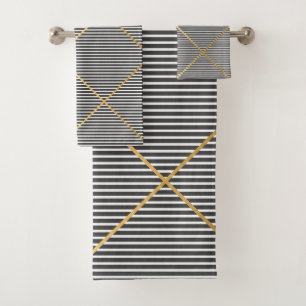 CONJUNTO DE TOALHAS PRETO NÁUTICO STRIPE DOURADO BANCO DE DESIGN CONJU