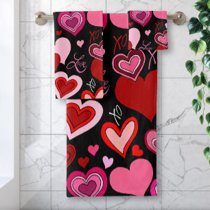Conjunto De Toalhas Preto Rosa Vermelho Corações Amor Padrão
