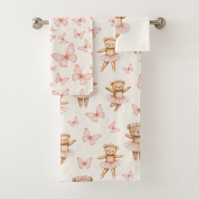 Conjunto De Toalhas Pretty pink ballerina bear and butterflies (Insitu)