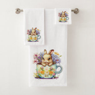 Conjunto De Toalhas Primavera Bunnies, Flores e Copas de Chá