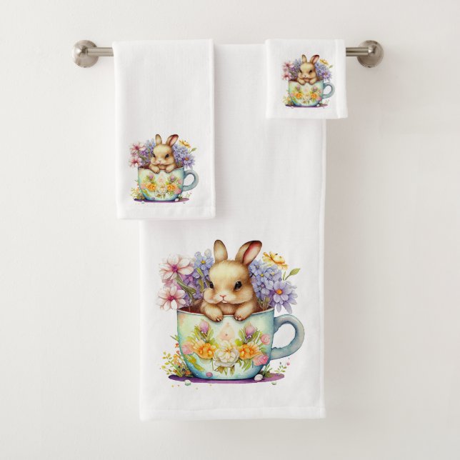 Conjunto De Toalhas Primavera Bunnies, Flores e Copas de Chá (Insitu)