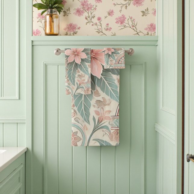Conjunto De Toalhas Primavera Summer Pastel Indonésio Batik Floral (Spring Summer Pastel Indonesian Batik Floral Bath Towel Set)
