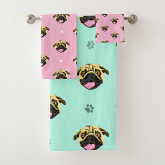 Conjunto De Toalhas Pugs Bebê Rosa e Verde Claro