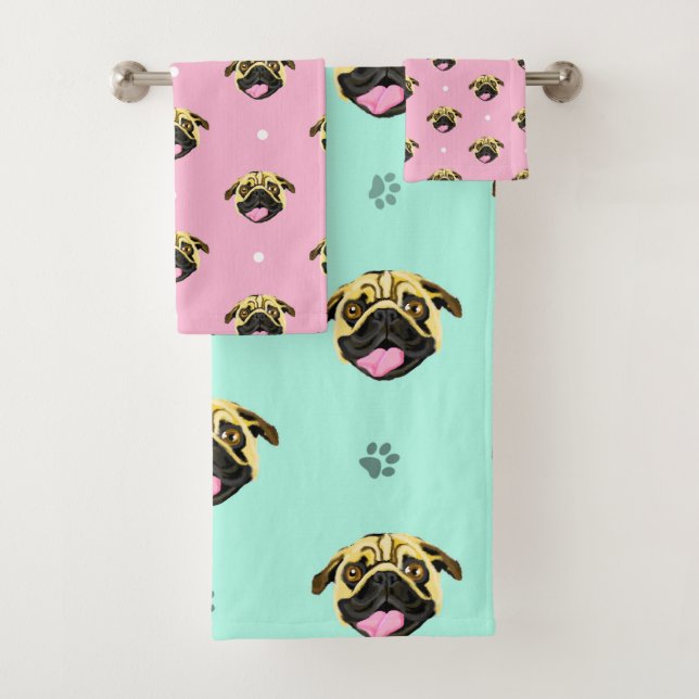 Conjunto De Toalhas Pugs Bebê Rosa e Verde Claro (Insitu)