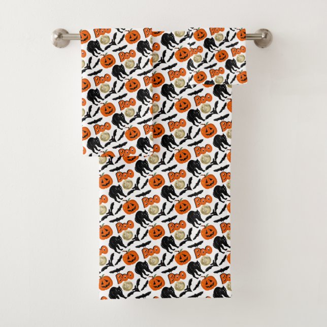 Conjunto De Toalhas Pumpkin De Gato E Desenho De Lua Do Halloween Boo  (Insitu)