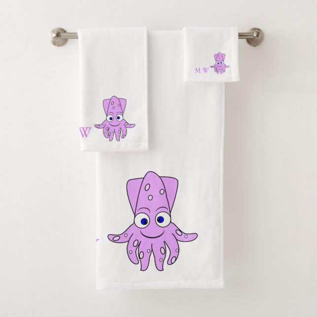 Conjunto De Toalhas Purple Squid Design Monogrammed (Insitu)