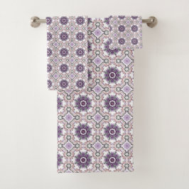 Conjunto De Toalhas Purple, white and gray geometric mandala pattern