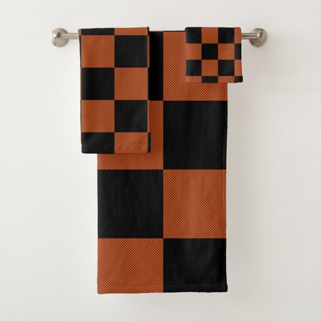 Conjunto De Toalhas Quadrados Xadrez Preto e Laranja Plaid de Búfalo (Insitu)
