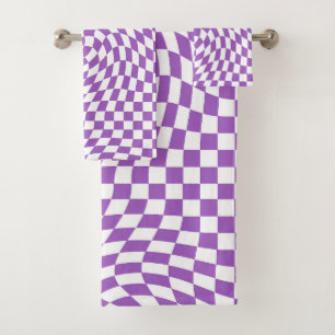 Conjunto De Toalhas Quadro de verificação com onda púrpura e branca
