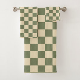 Conjunto De Toalhas Quadro de verificação verde e bege claro