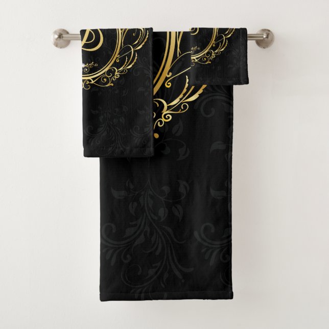 Conjunto De Toalhas Quadro Dourado de luxo Monograma Mídia negra (Insitu)