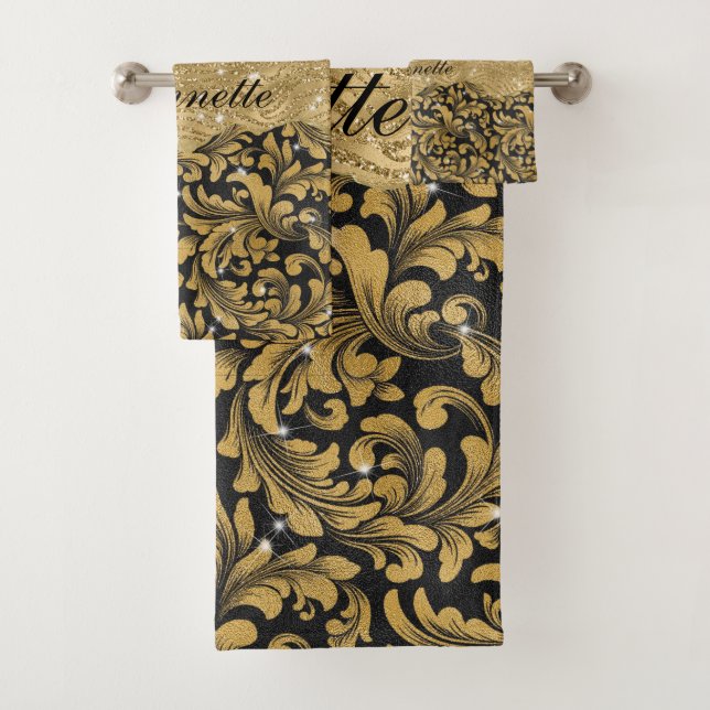 Conjunto De Toalhas Quic Floral - Faux Black Dourado Monograma (Insitu)