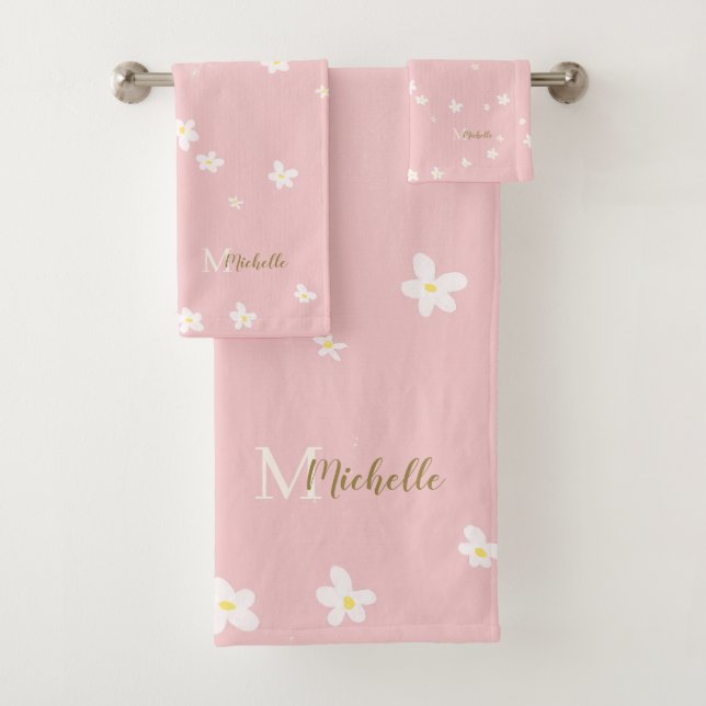 Conjunto De Toalhas Quic Pink Farmhouse Sweet Daisies Girly Monograma (Insitu)