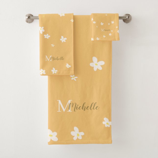 Conjunto De Toalhas Quic Yellow Farmhouse Sweet Daisies Girly Monogram (Insitu)
