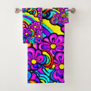 Conjunto De Toalhas Rainbow Flower Garden Floral Cartoon Purple