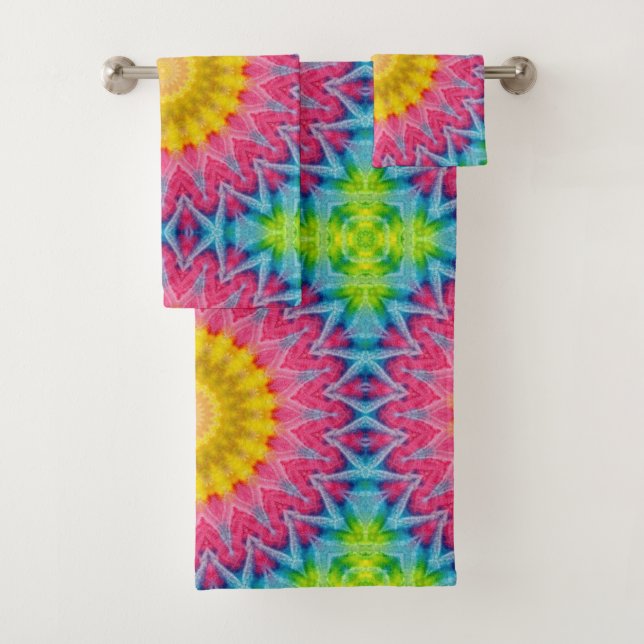 Conjunto De Toalhas Rainbow Tie-Dye Mandala com Simetria Vibrante (Insitu)