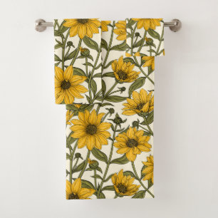 Conjunto De Toalhas Raízes de sol, girassol selvagem em branco