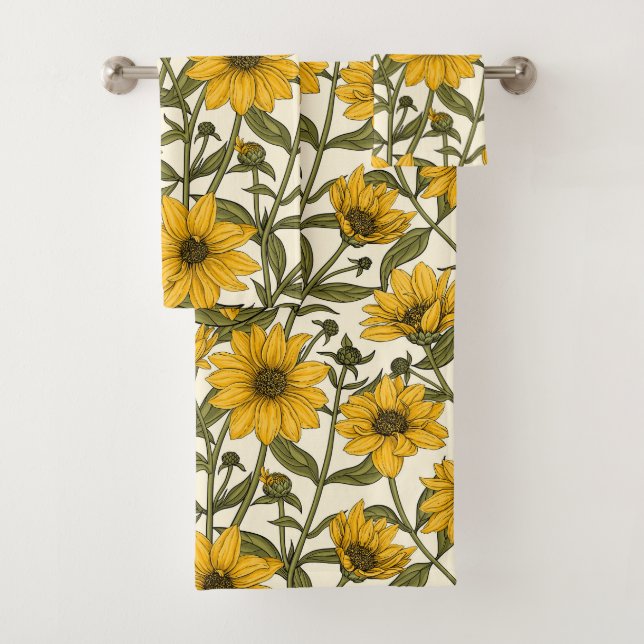Conjunto De Toalhas Raízes de sol, girassol selvagem em branco (Insitu)
