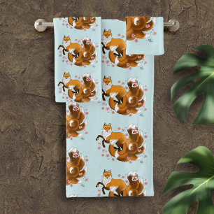 Conjunto De Toalhas Raposa Kitsune Caprichosa Flores de Cerejeira Azui