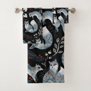 Conjunto De Toalhas Raposas azuis estilizadas com desenhos florais int