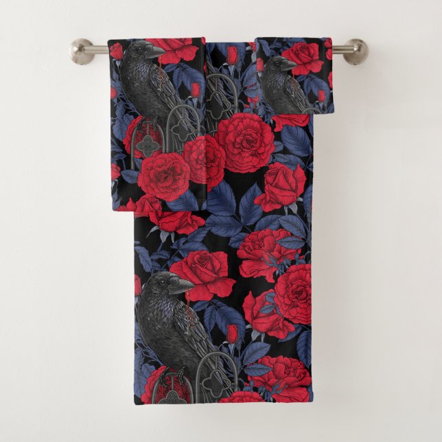 Conjunto De Toalhas Ravens e rosas com folhas azuis escuras (Insitu)