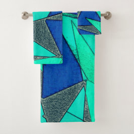 Conjunto De Toalhas recortes triangulares verdes sobre fundo azul, ásp