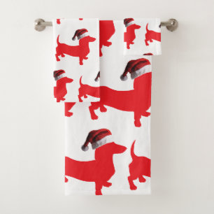 Conjunto De Toalhas Red Dachshund vestindo um chapéu de Papai Noel