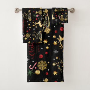 Conjunto De Toalhas Red Dourado Reindeer Feliz Árvore de Natal